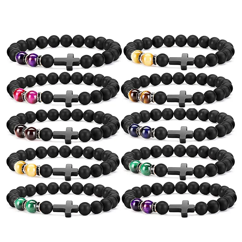 Mode Religion croix hommes femmes 8mm pierre naturelle oeil de tigre et noir mat Agate perles Bracelet élastique Bracelet Bracelet