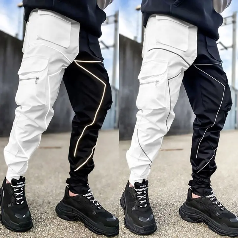 YX-K-33 Homme Vêtements Unisexe Cordon Mode Cinq Poches Réfléchissantes Rayures Pantalons Décontractés pour Hommes Pantalon Cargo Pour Homme