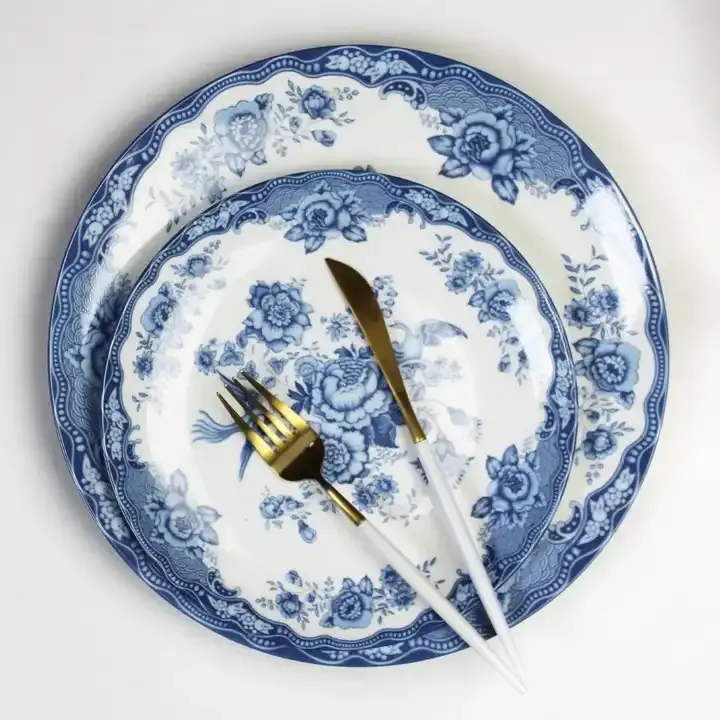 Оптовая продажа фарфоровые наборы посуды керамические китайские обеденные тарелки набор синих круглых блюд