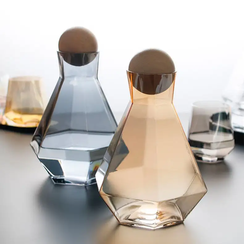 Jarra de agua de vidrio con forma de cristal de nuevo diseño, juego de jarra con tapa de bola de corcho