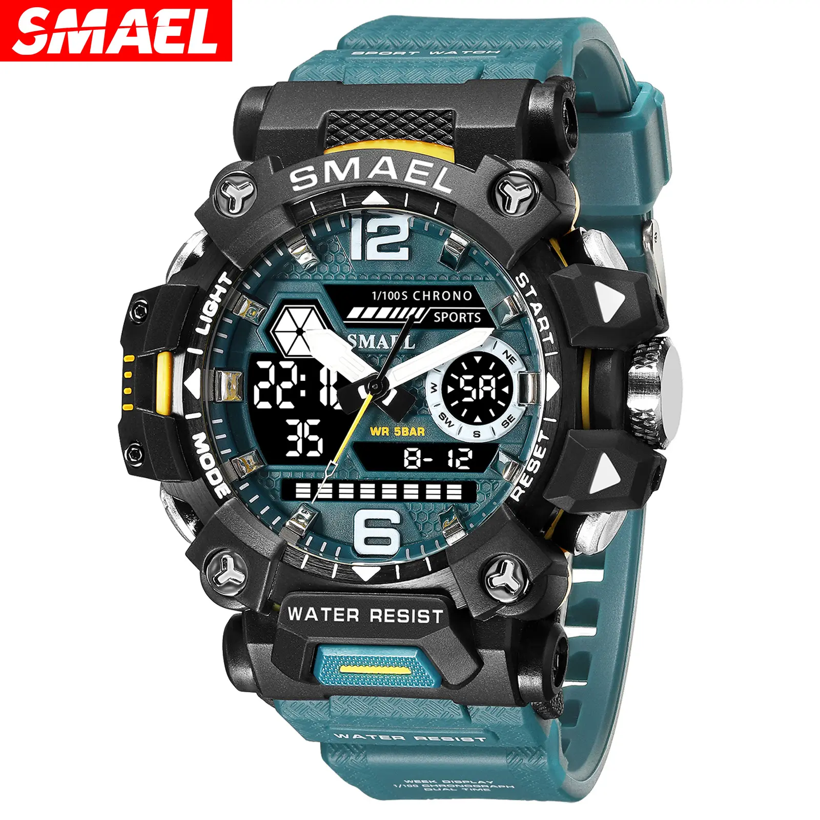 SMAEL8072新着グリーンメンズデジタルウォッチパーフェクトラバーストラップカレンダークロノグラフ低価格スポーツ腕時計メンズ用