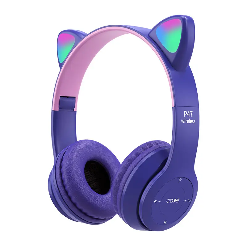 Auriculares electrónicos P47M con LED rosa para orejas de gato, audífonos inalámbricos por Bluetooth por encima de la oreja, novedad de 2022