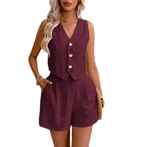 70 Rayon 30 keten kadın yaz 2 parça kıyafetler kolsuz eşleşen setleri düğme aşağı V boyun yelek ve cepler şort - Product Image 2