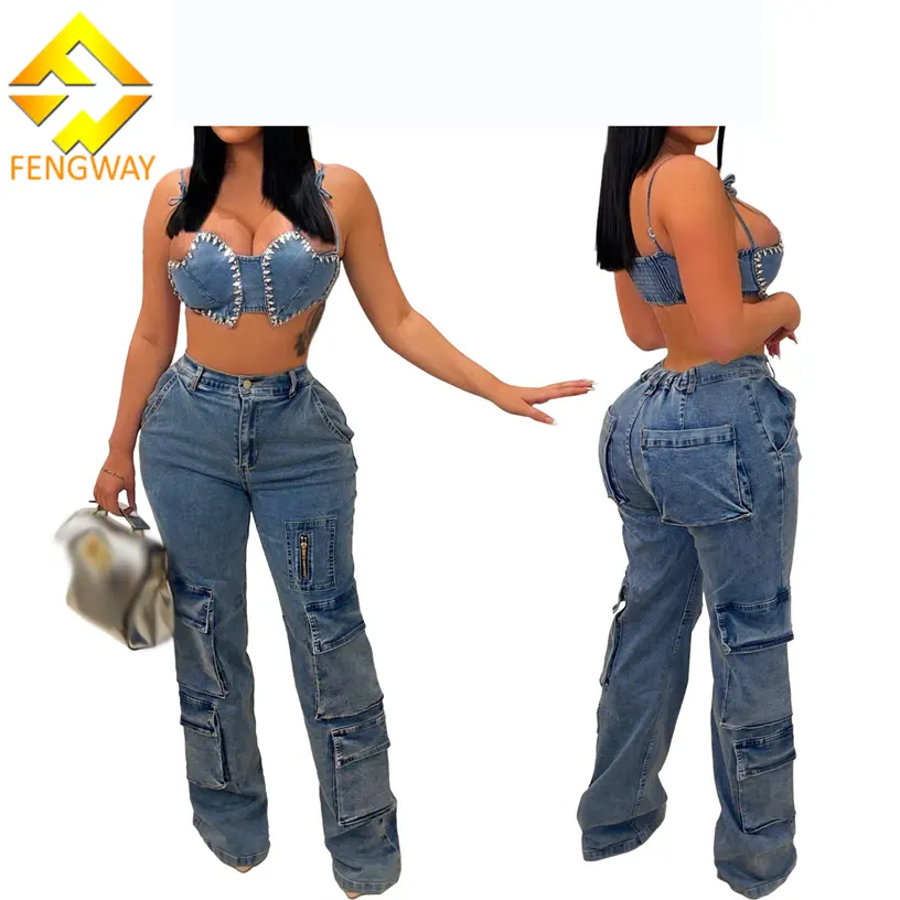 2024 nueva moda pantalones de mezclilla con múltiples bolsillos Pantalones rectos ajustados de verano Pantalones vaqueros Cargo de lavado Retro para mujeres