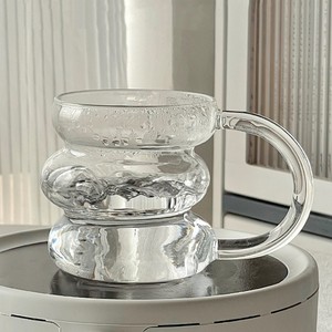 ホウケイ酸ガラス430ml透明カップハンドル付きキャタピラーパターンティーコーヒーカップ