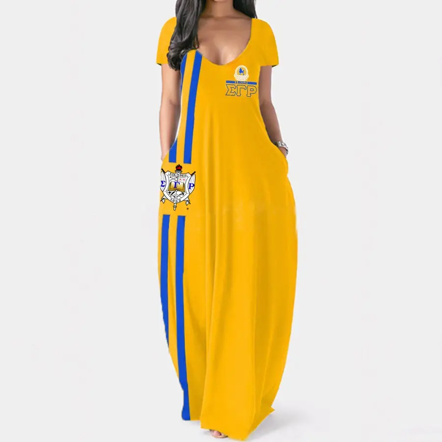 Grande taille imprimé fibre de lait sororité grecque personnalisé SGRho bouclier or et bleu caniche 1922 longue jupe col en v Sigma Gamma Rho robe