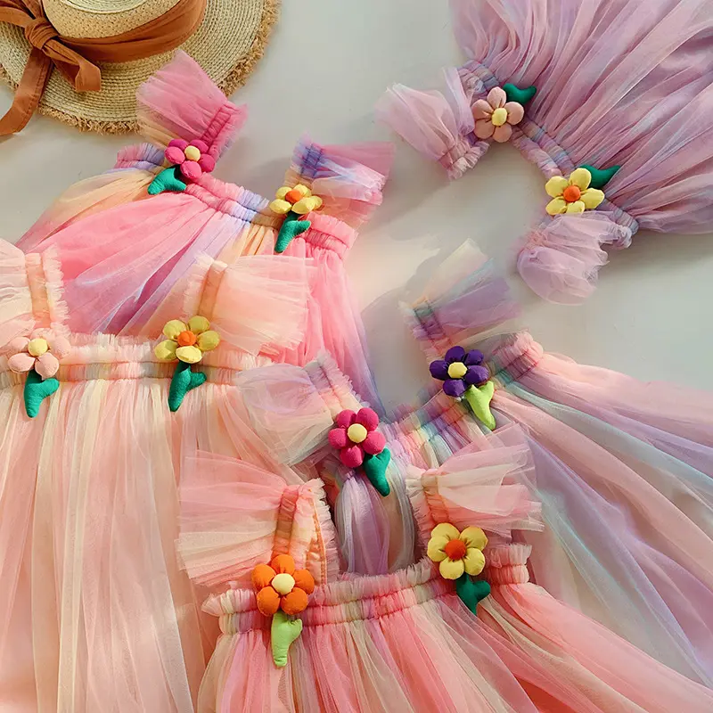 2024 vestido de tutú de tul en capas de arcoíris Floral para niñas pequeñas falda de princesa bebé con manga de mosca lindo vestido de niña encantadora