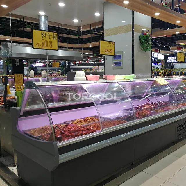 Supermercado de exibição refrigerado de frutos do mar de peixe deli carne chiller auto servir de exposição do contador