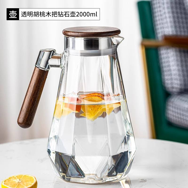 Tetera transparente con mango de madera de nogal y diseño de diamante - 2000 ml