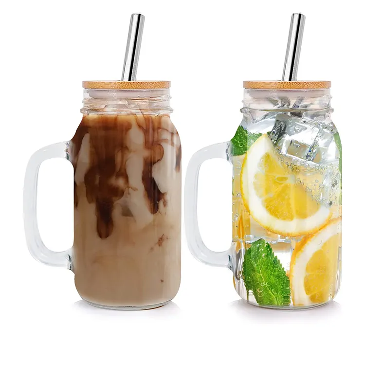 Wholesale Reusable Wide Mouth Drinking Mug 24 Oz Glass Mason Jar With Handles And Wooden Lid