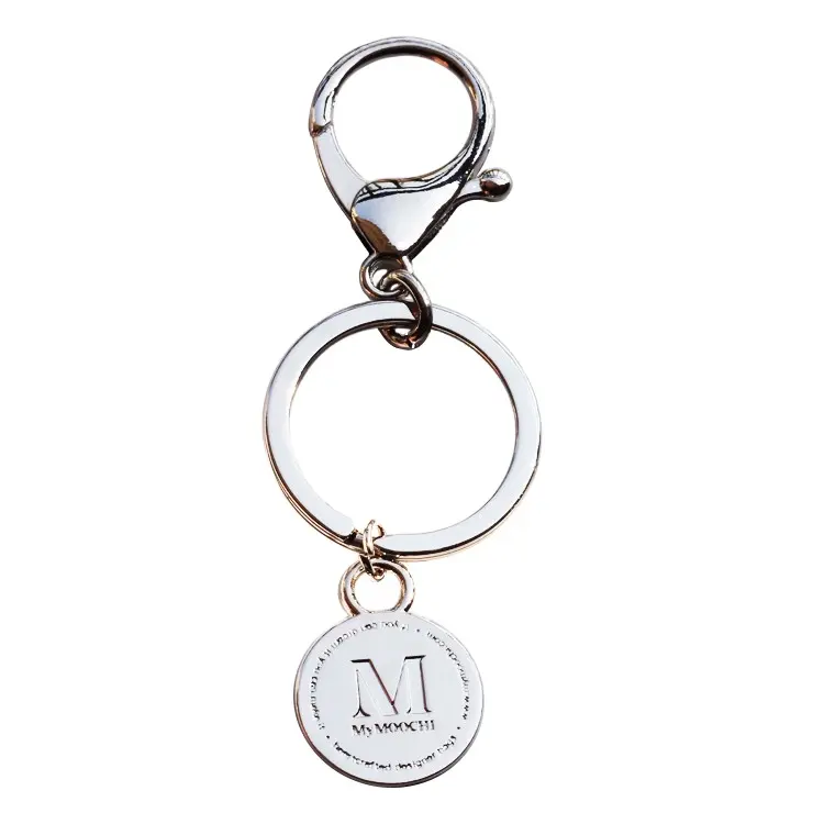 Etiqueta de cadena de metal para bolso de mano personalizada, con pequeños dijes redondos, logotipo de marca, anillo circular, llavero para billetera