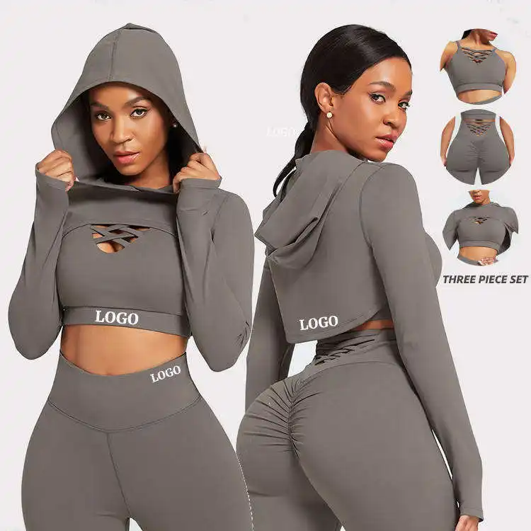 2023 logotipo personalizado 3 piezas mujeres ropa deportiva costura Sujetador deportivo cintura alta Leggings traje ropa activa Atlético gimnasio Fitness Yoga conjuntos