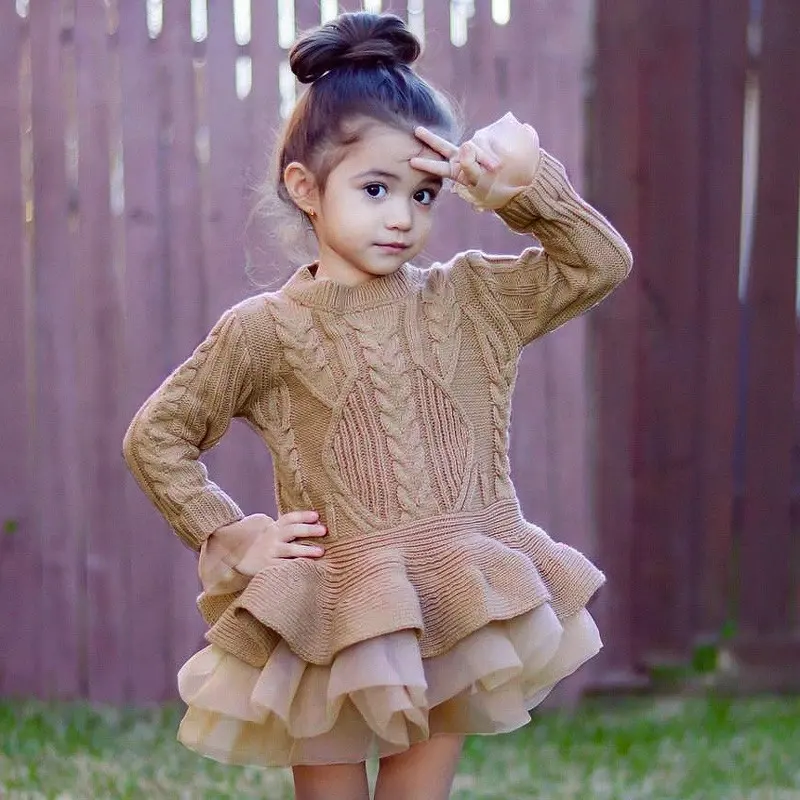 Suéter de punto para niñas pequeñas, vestido de ganchillo de invierno con jersey de tul, vestido de vacaciones de moda