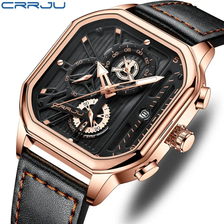 CRRJU นาฬิกาข้อมือผู้ชาย,นาฬิกาควอตซ์โครโนกราฟหนังทรงสี่เหลี่ยมหรูหราแบรนด์ชั้นนำธุรกิจกีฬา2302
