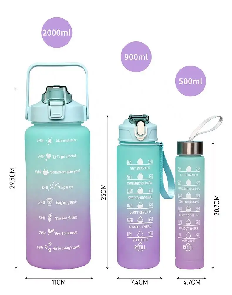 Ensemble de bouteilles de 64oz gym sport 2 litres et 900ml, pichet d'un demi-gallon avec paille et motivation, bouteille d'eau 3 en 1