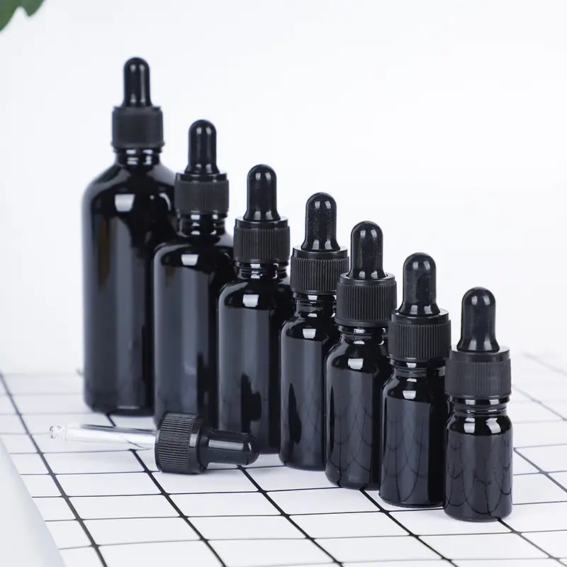Botella de aceite esencial Botella de vidrio con pipeta de vidrio calibrado 5ml 10ml 15ml 20ml 30ml 50ml 100mL Cosmético blanco negro esmerilado