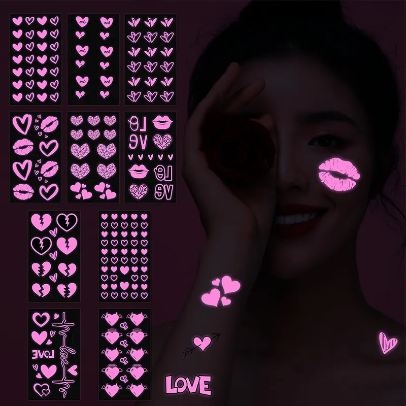 Tatuaggi temporanei al neon UV disegni luccicanti a forma di cuore rosa love glow in the dark adesivi per tatuaggi body face art