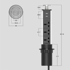 Toma de corriente empotrada con orificio de mesa universal, enchufe emergente multifunción inteligente con 2 puertos USB - Product Image 3