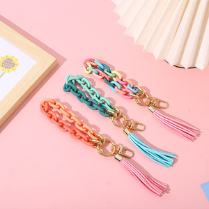 กำไลข้อมืออะคริลิคหลากสีพวงกุญแจพู่ห้อยกุญแจสีรุ้งหลากสีอุปกรณ์เสริมพวงกุญแจ