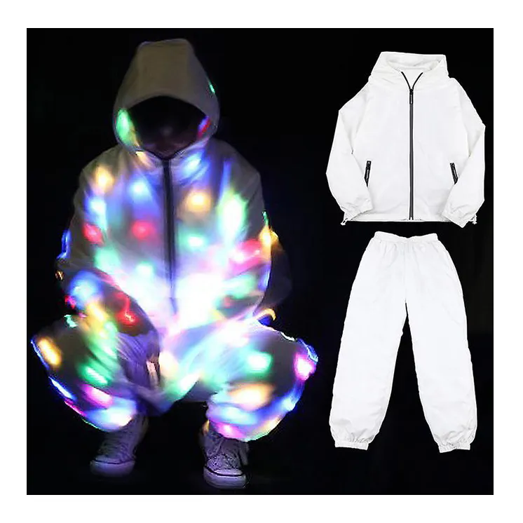Conjunto de abrigo y pantalones con chaqueta Led luminosa con luz Led para mujer y hombre, traje de fiesta de baile, ropa