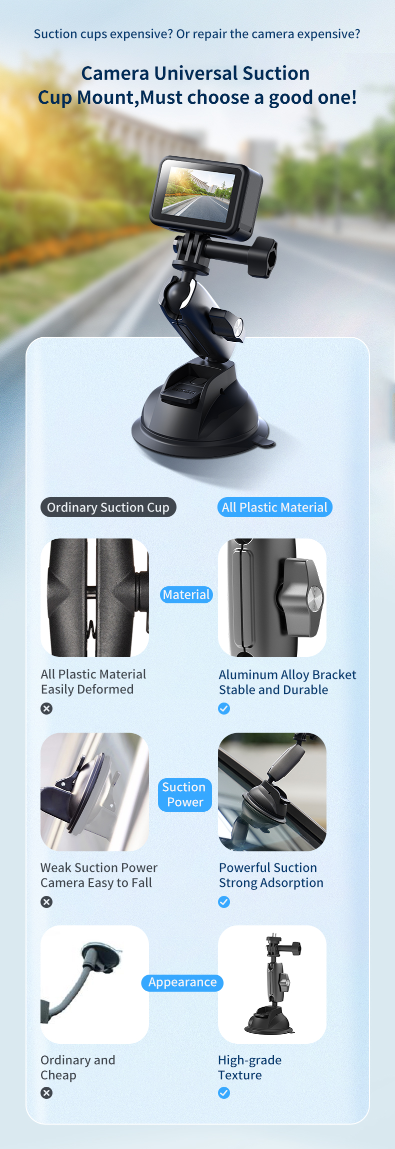 TELESIN Aluminum Alloy 360 Rotary Foldable Suction cup Mount Diameter 8.45cm for GoPro/For DJI Action Camera