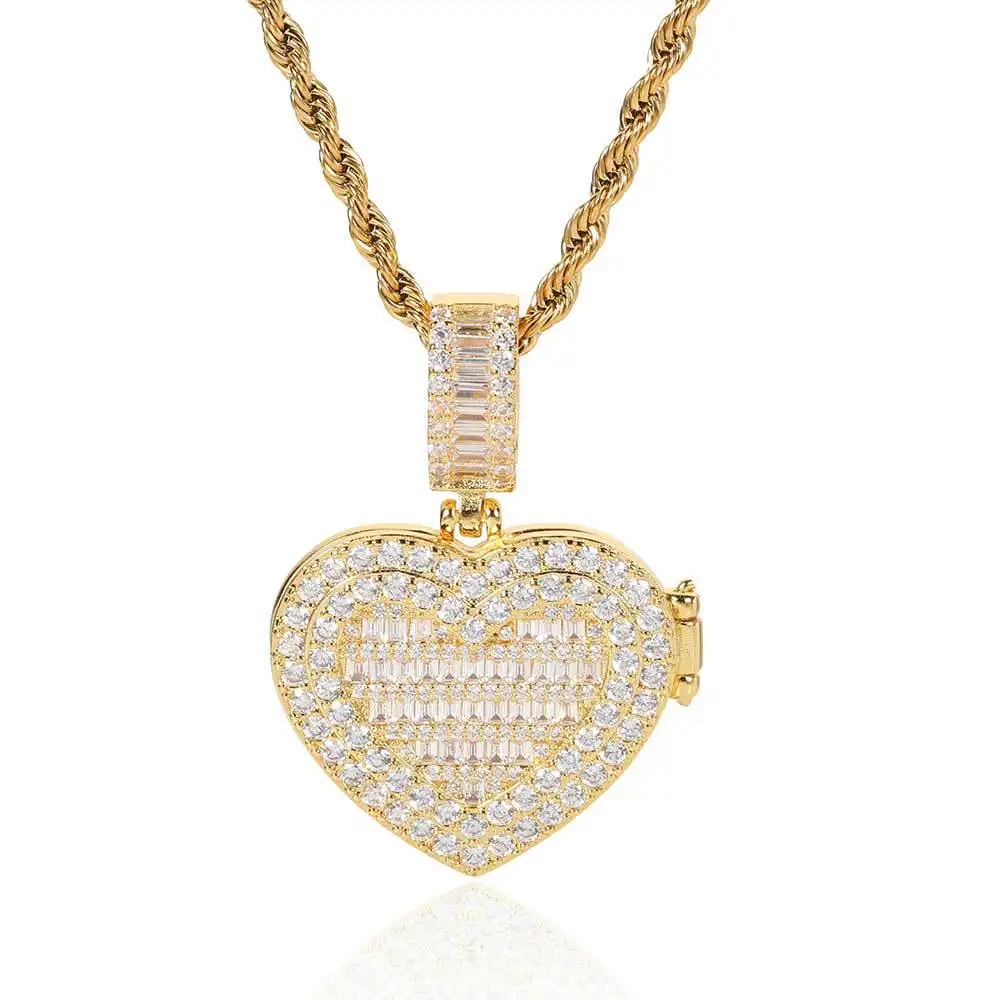 Chapado en oro cobre brillante Bling CZ cristal memoria Flip amor foto marco colgante corazón abierto imagen medallón collar joyería