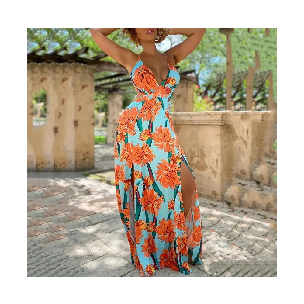 Gaun panjang Cami untuk wanita Fashion baru gaun belahan samping tanpa lengan musim semi musim panas Bohemian motif bunga