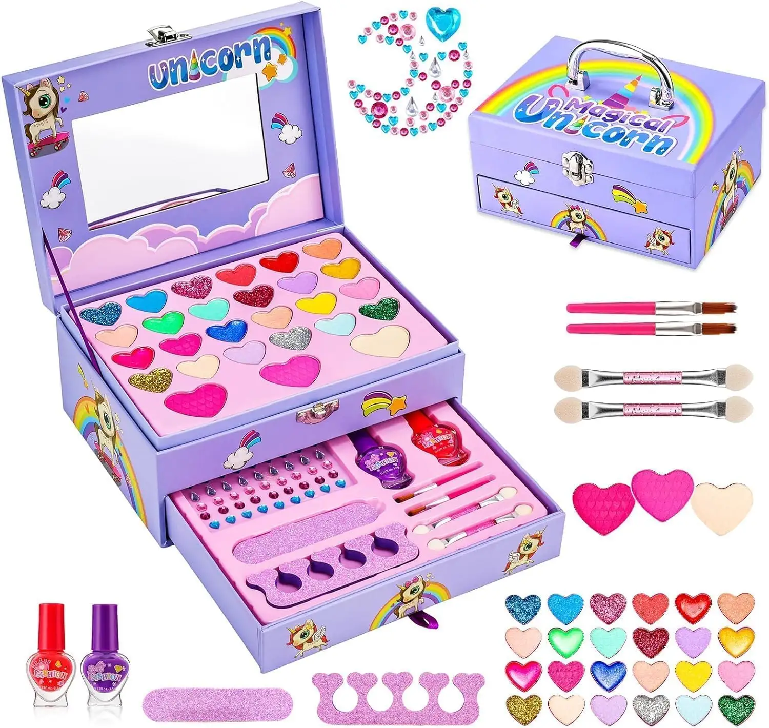 EPT 2 Capas Craft Girls Safe & Pretend Play Cosméticos Juguetes Púrpura Estuche de maquillaje Kit de belleza Sombra de ojos Esmalte de uñas para maquillaje Kit