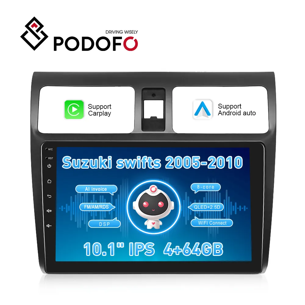 Podofo 10.1 "4 64G WIFI 4G Android 10 autoradio Carplay Android Auto IPS 2.5D AI Voice GPS DSP EQ RDS per Suzuki Swift 2005-2010
