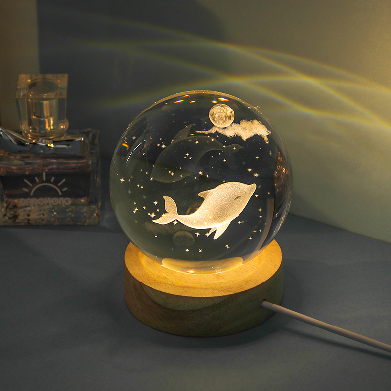 6cm dolphin watching the moon + round wooden lamp base gift bag