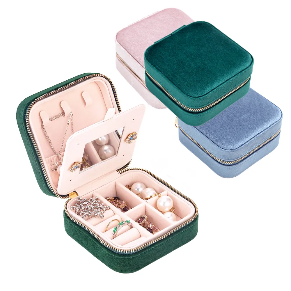 WXL668 Portable Travel Jewelry Organizer Case Necklace Earring Organizer with Mirror Storage Box Small Velvet Jewelry Box