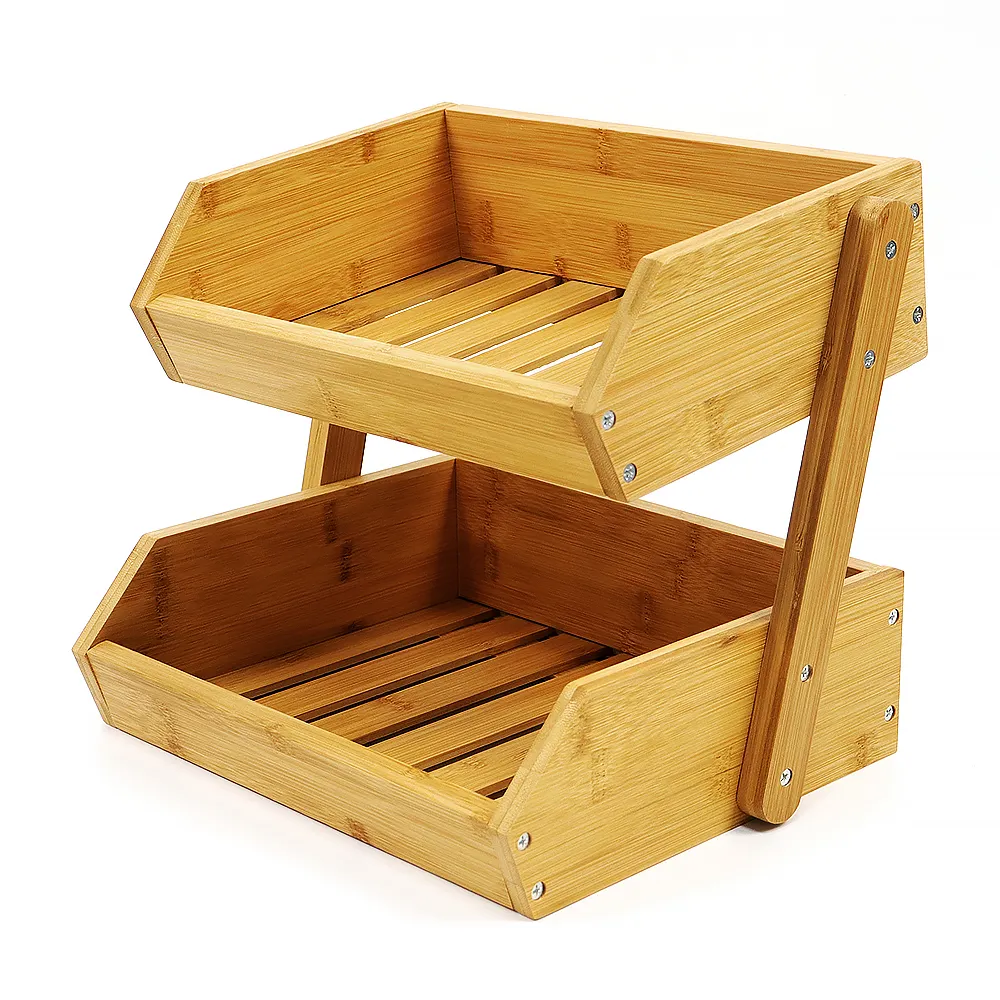 Estante de almacenamiento de bambú para cocina, cesta de madera para frutas, soporte de 2 niveles para pan y verduras