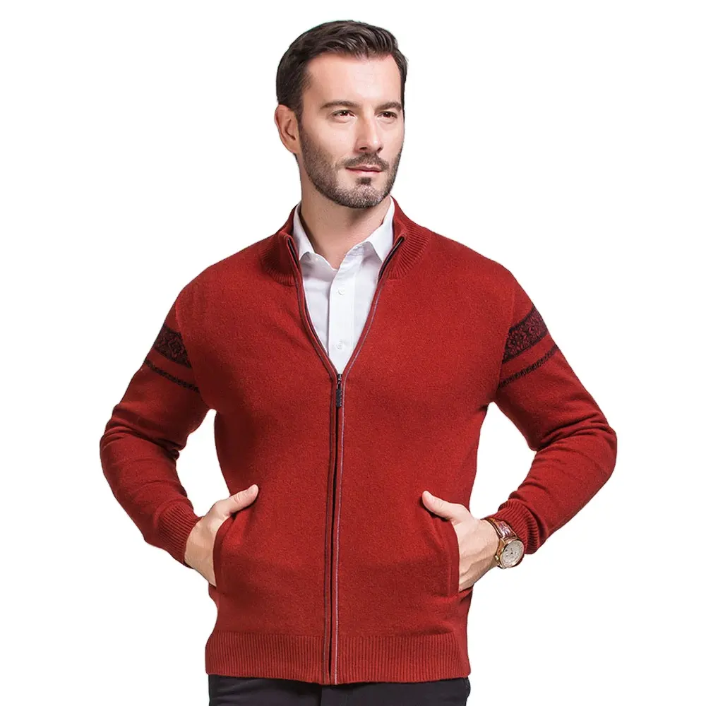 Maglioni Cardigan da uomo con Zip maglione di lana da uomo Premium 2023 OEM stile invernale rosso girocollo etichetta per la cura Merino lavorato a maglia cerniera