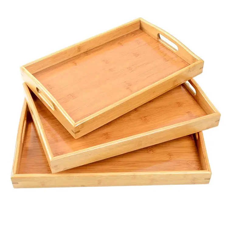 Factory Direct Set of 3 Tea Coffee Table Bamboo Restaurant Serving Tray for Serve Food Drink