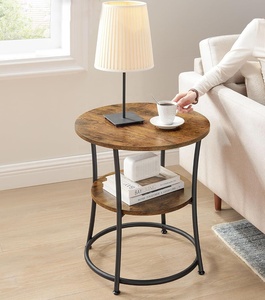 客厅茶几工业设计乡村棕色易组装边桌圆形茶几带2个搁板 - Product Image 2