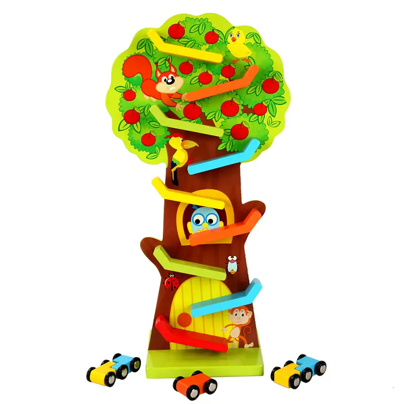 ของเล่นไม้เสริมทักษะเด็ก,รางเลื่อนบันไดรูปต้นไม้ผลไม้รถการ์ตูนสัตว์ของเล่นไม้ตัวต่อเพื่อการศึกษาราง9ชั้น