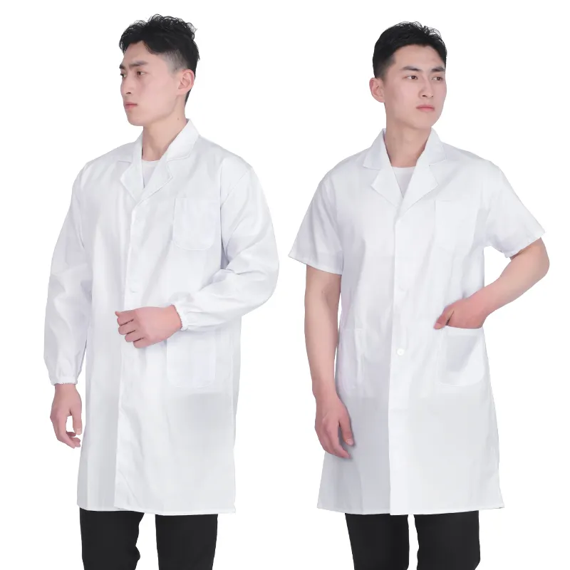 Cappotto da laboratorio bianco a maniche corte da uomo di alta qualità tessuto in cotone e uniforme da ospedale campione design a caldo