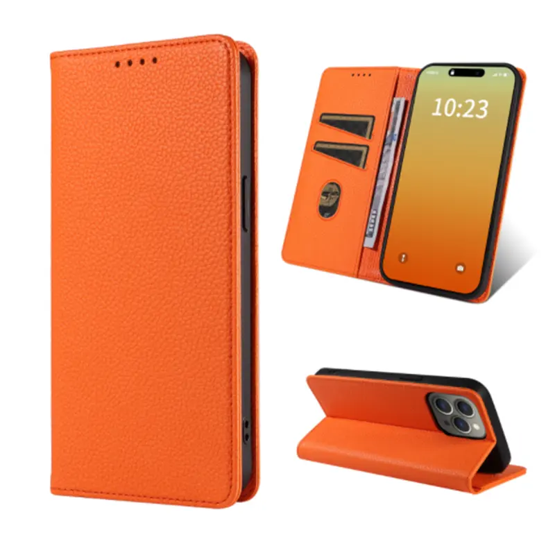 Carteira de couro PU com suporte para cartão e flip-style, capa protetora magnética para o celular iPhone 15 Pro Max 15 Plus