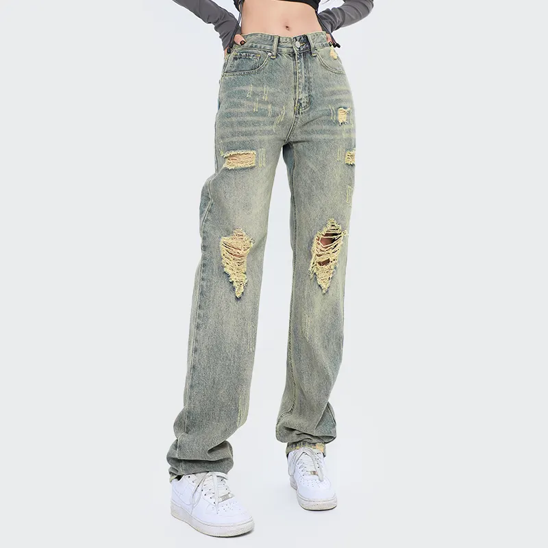 Pantalones vaqueros rasgados hip hop de diseñador para mujer, éxito de ventas