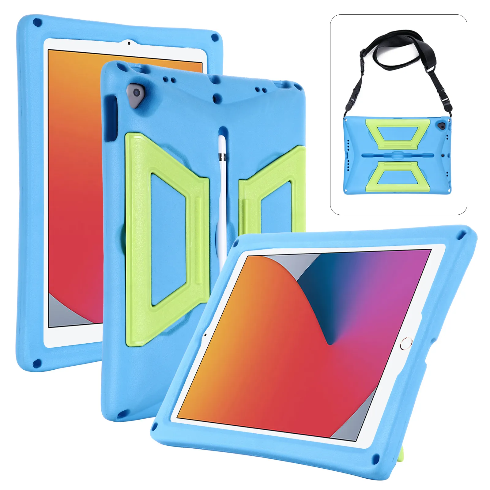 Darbeye dayanıklı döndürme kolu katlanır Stand kapak ipad kılıfı EVA çocuklar ipad kılıfı 10.2/10.5 omuz askısı ve kalem yuvası