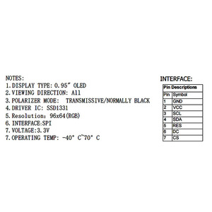 卸売0.95インチ96*64カラーOLEDディスプレイモジュールSS1331Z 8PIN SPI I2Cパラレルインターフェース - Product Image 6