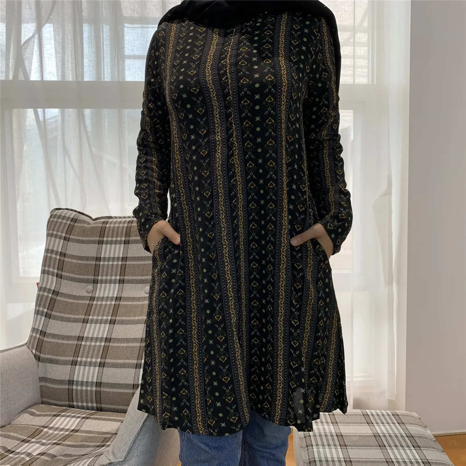 ملابس نسائية مقاس كبير, ملابس نسائية إسلامية تصميم بسيط قميص طويل بلوزة للسيدات العربيات مع جيوب