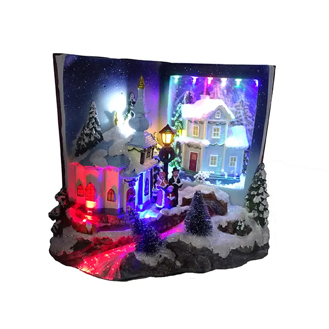 Noel Polyresin led musica decor villaggio in fibra ottica Di Natale case