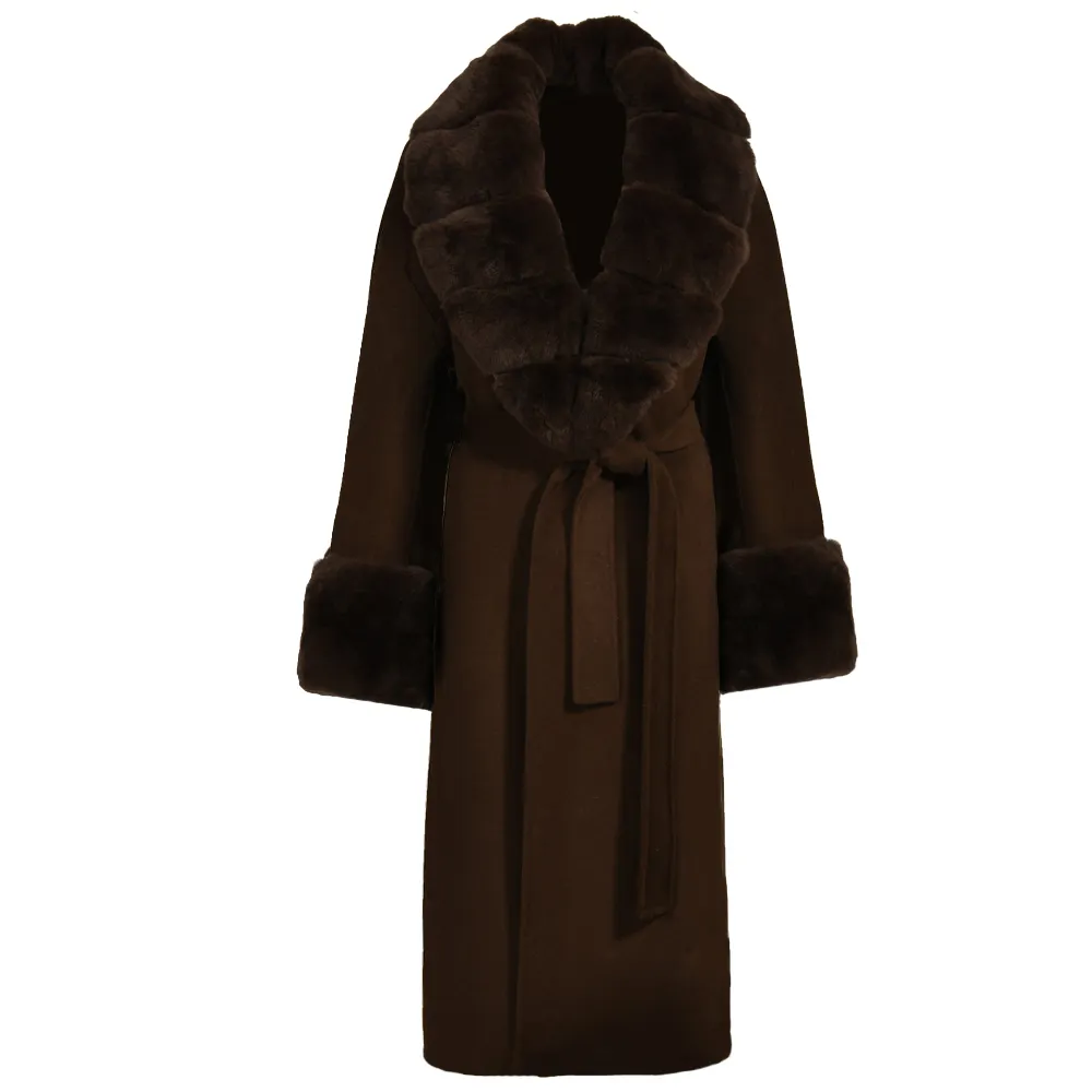 Manteau pour femme en laine cachemire, vêtements féminins, col et poignets en vraie fourrure de renard, couture à la main, tendance, vente en gros, nouveauté 2020