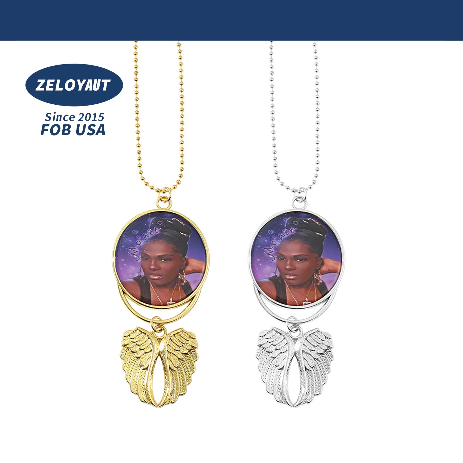 ZELOYAUT Golden and Sliver Sublimation Photo Picture Iced Out Custom Jewelry Sublimation Blanks Angel Wing Picture Pendant