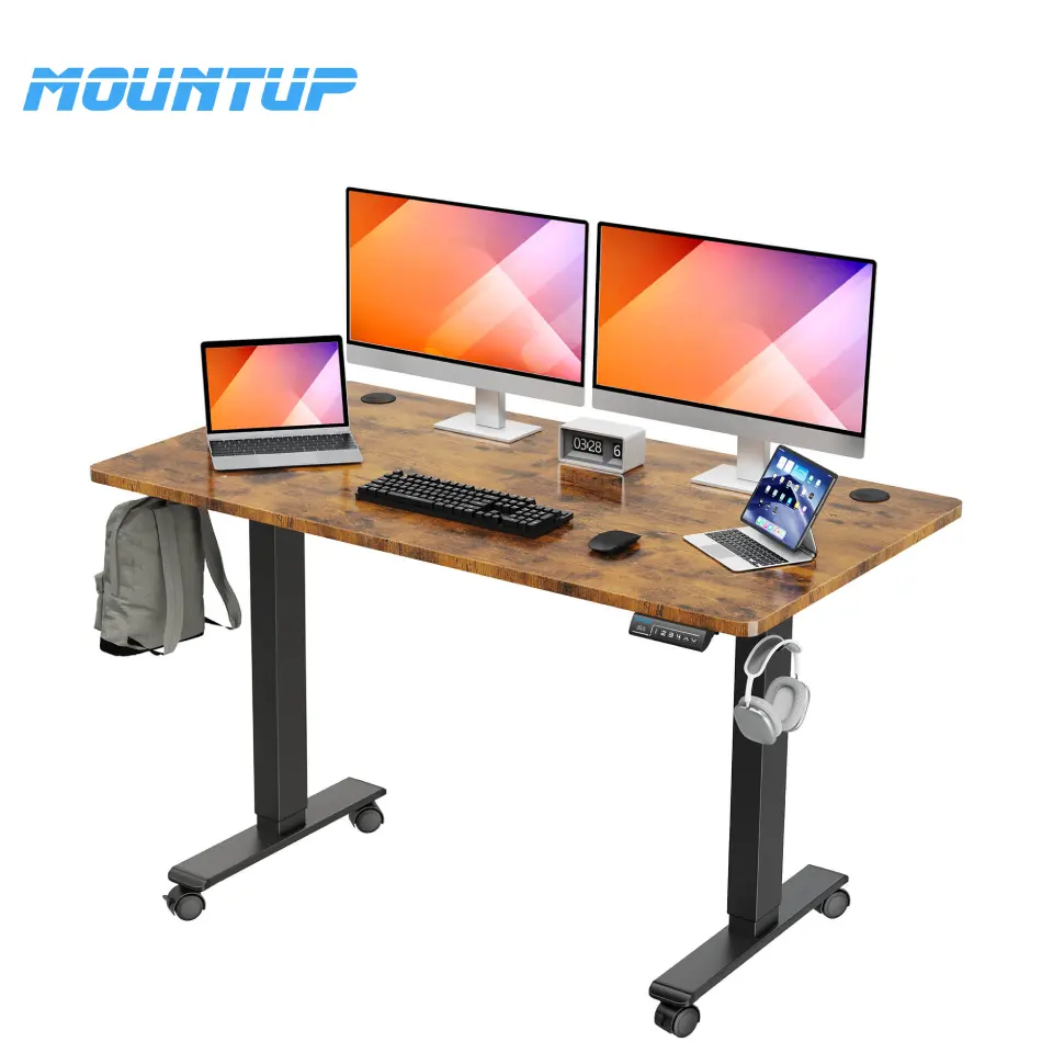 MOUNTUP 140*70cm Sit Stand Desk Altura eléctrica ajustable Rústico Marrón Escritorio de pie para oficina en casa