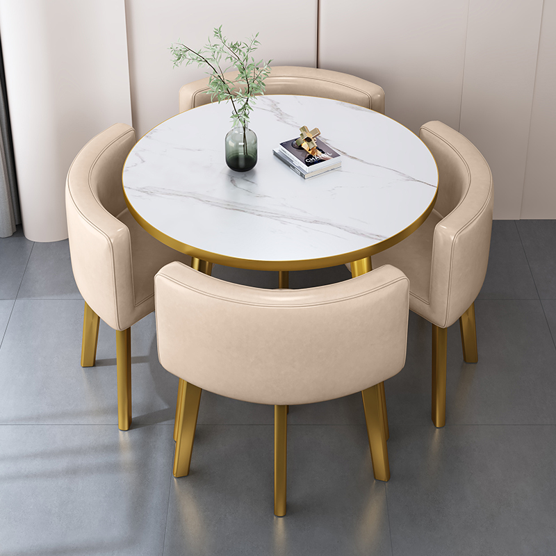 Table beige blanc 80 imitation pierre 4 chaises structure dorée