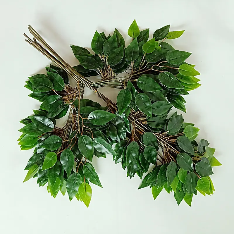 Folhas artificiais de plástico para decoração, folha verde de toque real qslh