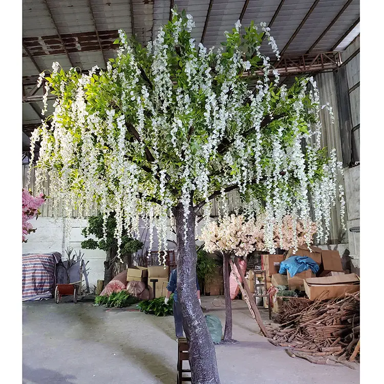 Planta colgante blanca falsa de 2 metros de altura, flor larga artificial de interior para boda, árbol de flor de glicina Llorona, gran oferta
