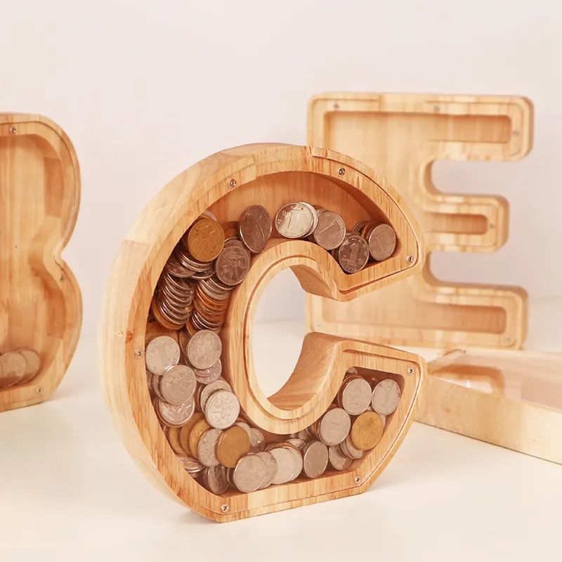 Hot Sale Piggy Alfabet Geld Veilig Munt Bank Jas Hout Letter Spaarpot Geldbakken Houten Spaarpot Voor Kinderen